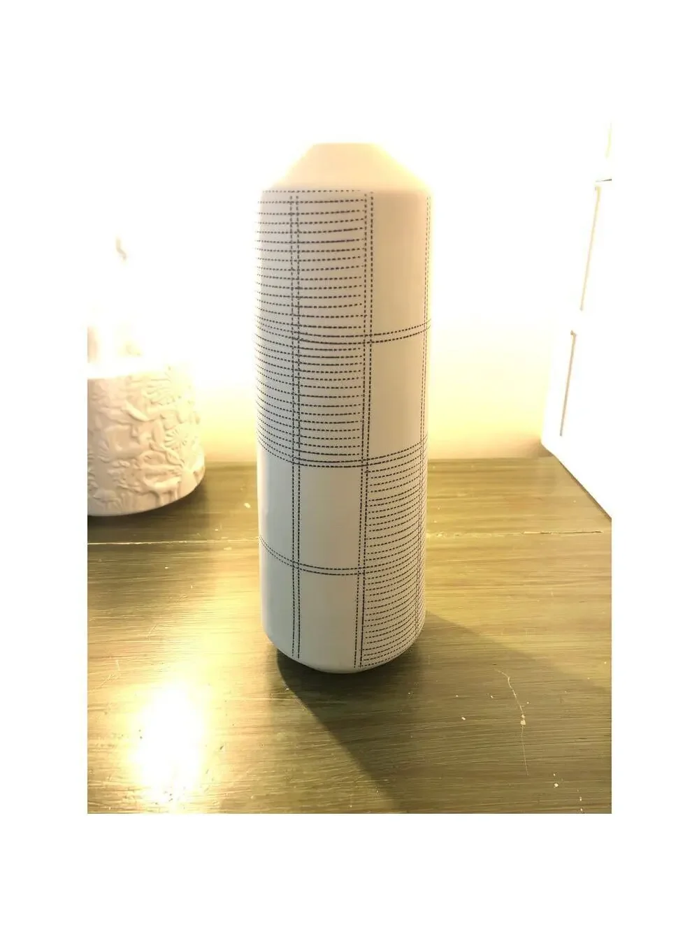 CB2 EUC Tall Light Blue Ceramic Vase with Darker Blue Accent Lines 12
